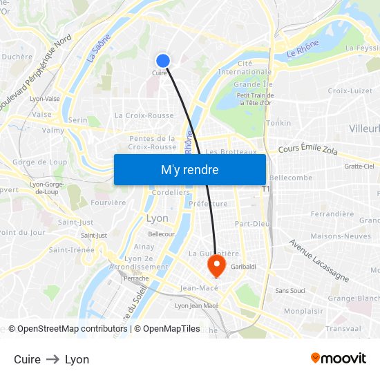 Cuire to Lyon map