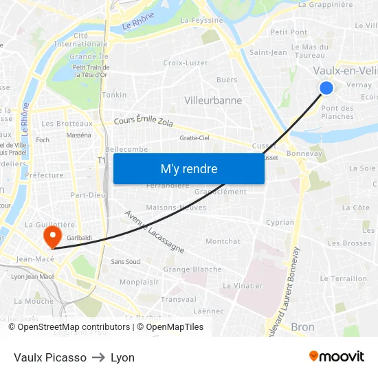 Vaulx Picasso to Lyon map