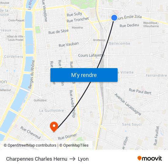 Charpennes Charles Hernu to Lyon map