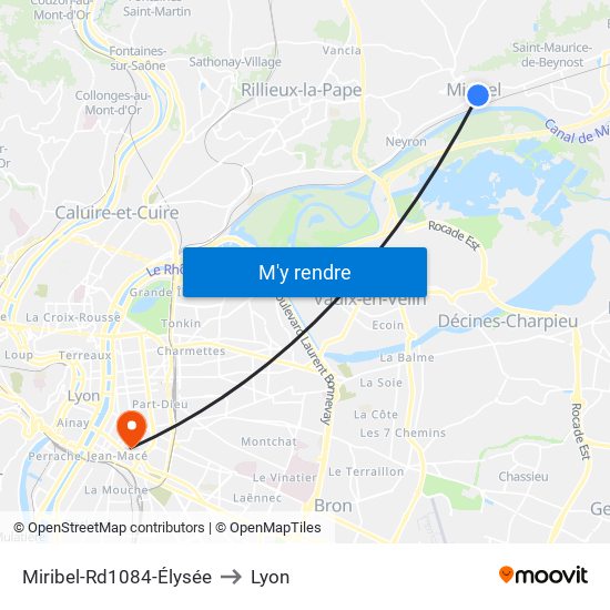 Miribel-Rd1084-Élysée to Lyon map