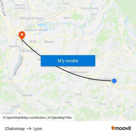 Chatonnay to Lyon map