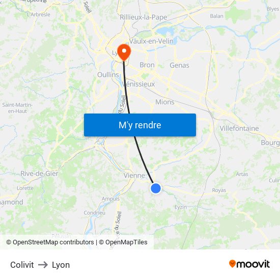 Colivit to Lyon map