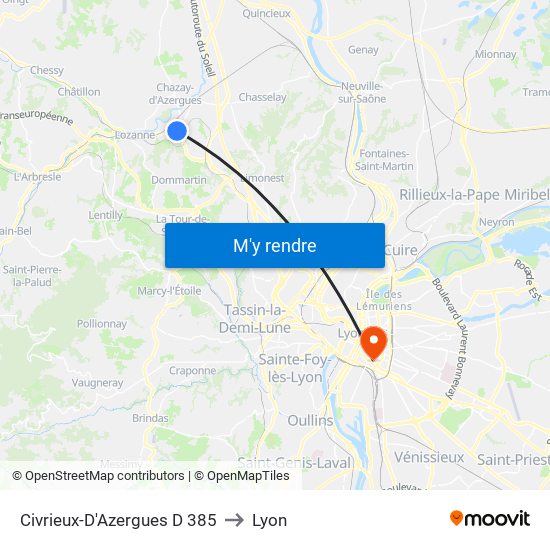 Civrieux-D'Azergues D 385 to Lyon map