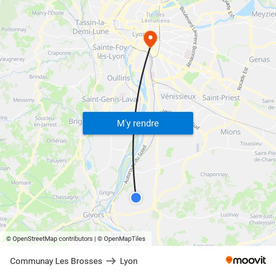 Communay Les Brosses to Lyon map