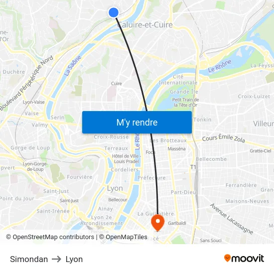 Simondan to Lyon map