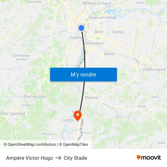 Ampère Victor Hugo to City Stade map