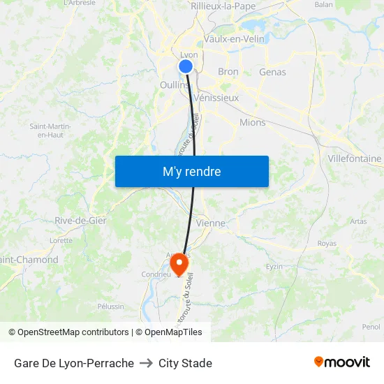 Gare De Lyon-Perrache to City Stade map