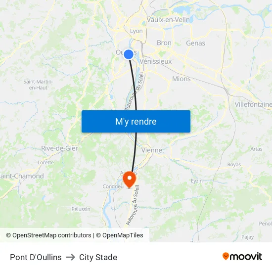 Pont D'Oullins to City Stade map