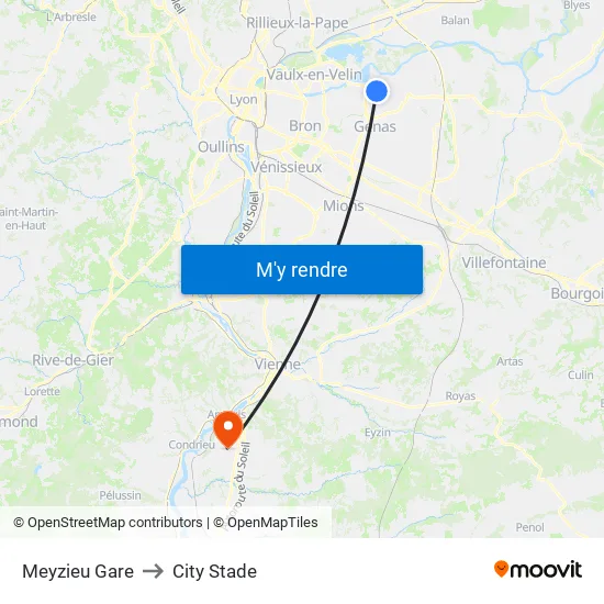 Meyzieu Gare to City Stade map