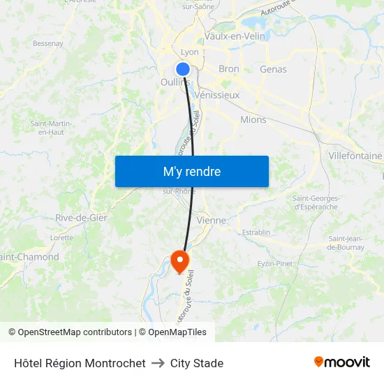 Hôtel Région Montrochet to City Stade map