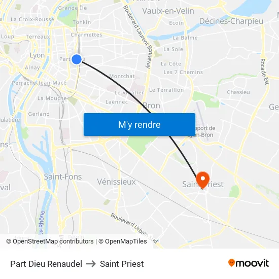 Part-Dieu Renaudel to Saint Priest map