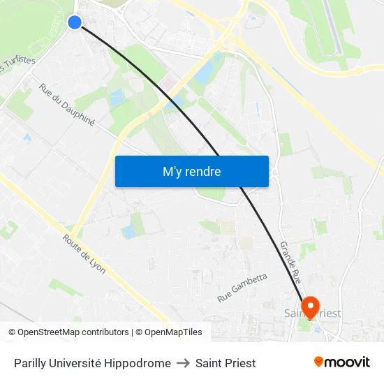 Parilly Université Hippodrome to Saint Priest map