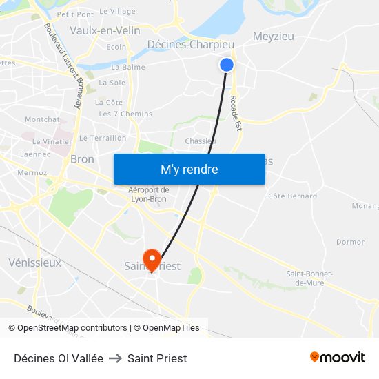Décines Ol Vallée to Saint Priest map