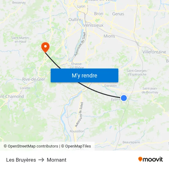 Les Bruyères to Mornant map