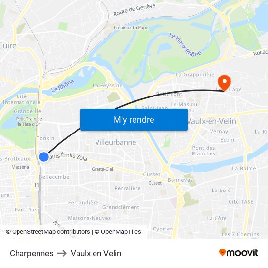 Charpennes to Vaulx en Velin map