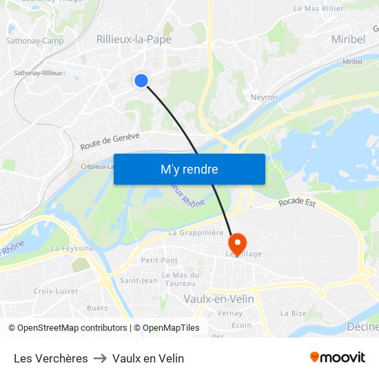 Les Verchères to Vaulx en Velin map