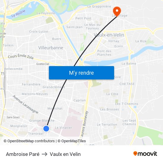 Ambroise Paré to Vaulx en Velin map