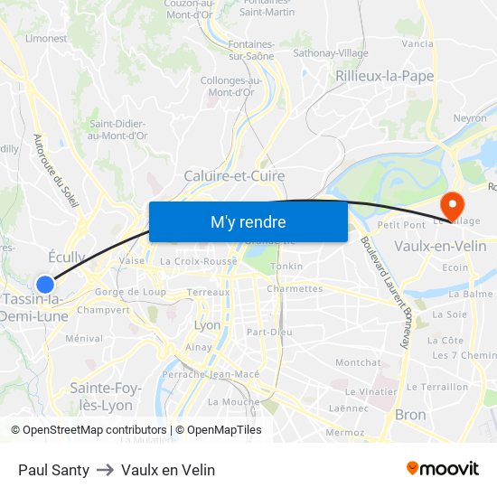 Paul Santy to Vaulx en Velin map