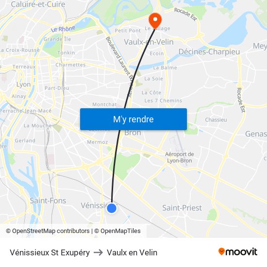 Vénissieux St Exupéry to Vaulx en Velin map