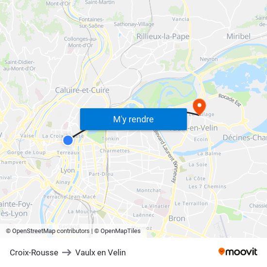 Croix-Rousse to Vaulx en Velin map