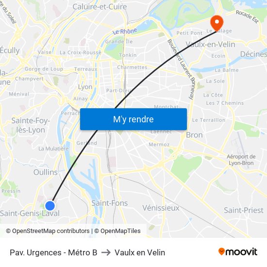 Pav. Urgences - Métro B to Vaulx en Velin map