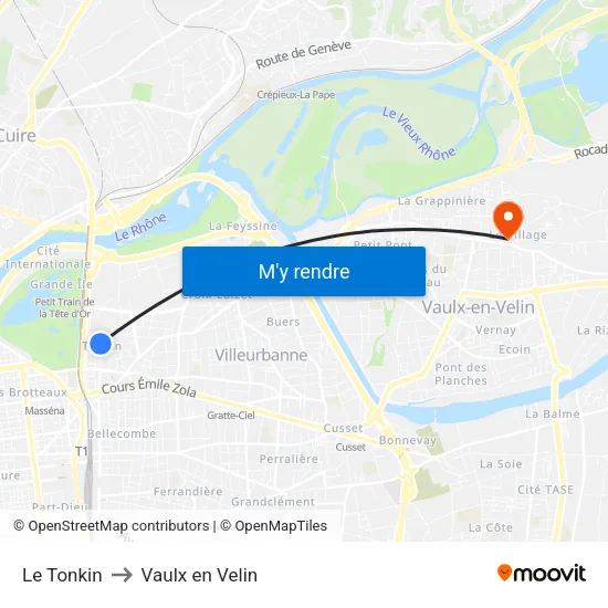 Le Tonkin to Vaulx en Velin map
