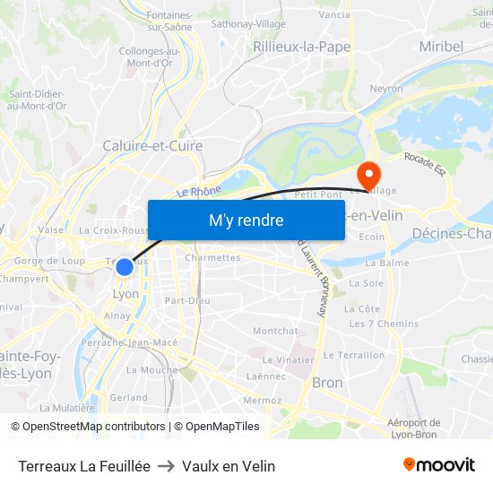 Terreaux La Feuillée to Vaulx en Velin map