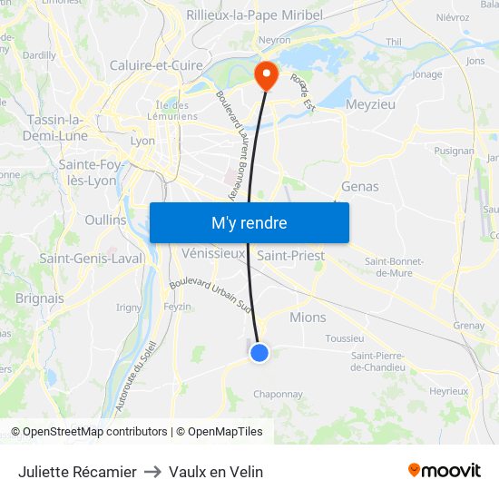 Juliette Récamier to Vaulx en Velin map