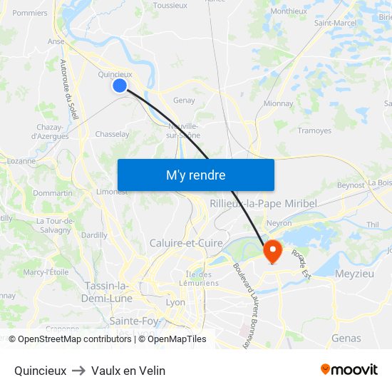 Quincieux to Vaulx en Velin map