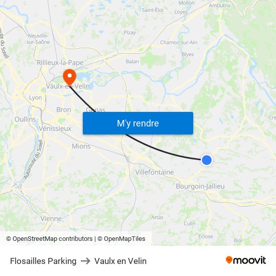 Flosailles Parking to Vaulx en Velin map