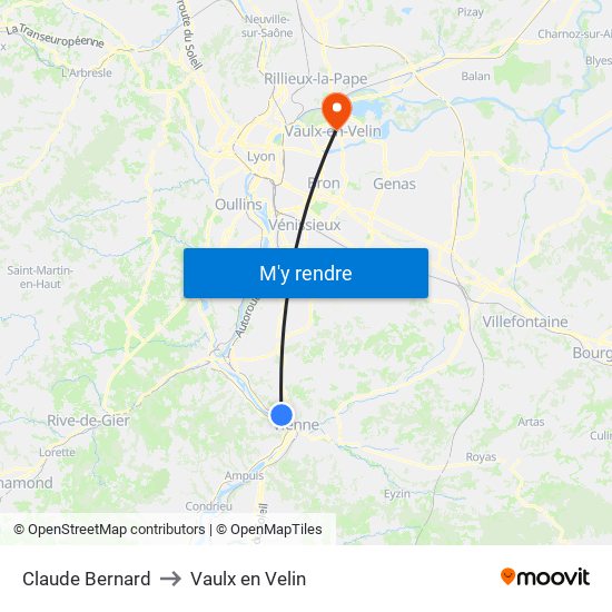Claude Bernard to Vaulx en Velin map