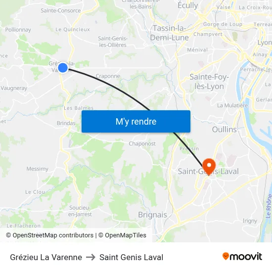 Grézieu La Varenne to Saint Genis Laval map
