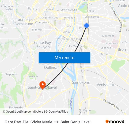 Gare Part-Dieu Vivier Merle to Saint Genis Laval map