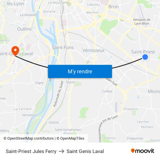 Saint-Priest Jules Ferry to Saint Genis Laval map