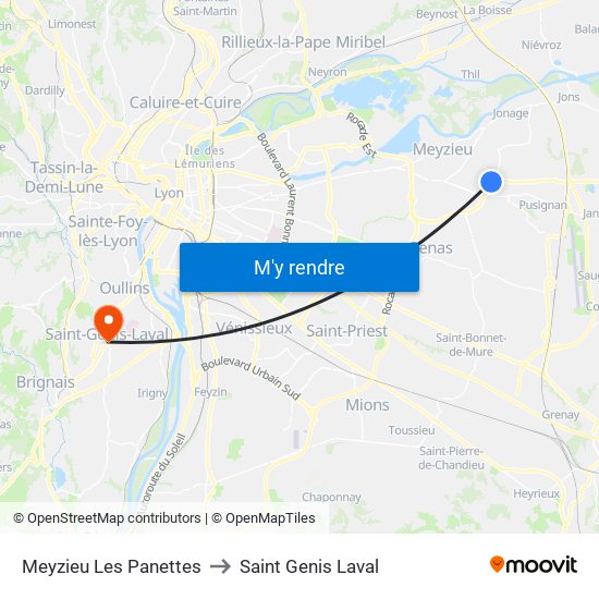 Meyzieu Les Panettes to Saint Genis Laval map