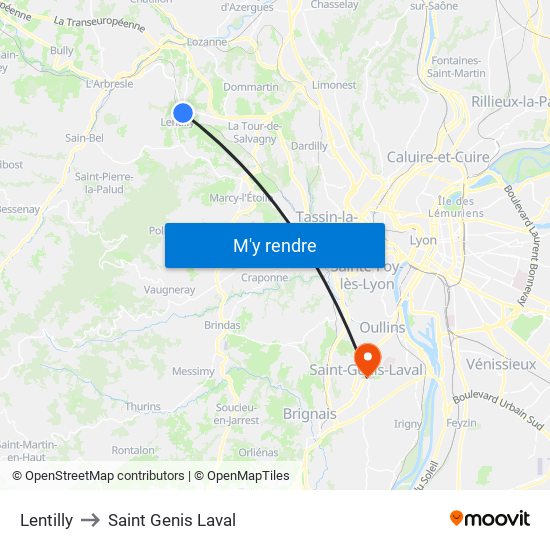 Lentilly to Saint Genis Laval map