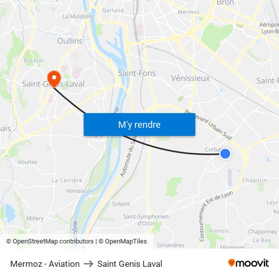Mermoz - Aviation to Saint Genis Laval map