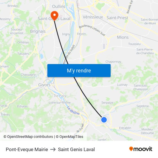 Pont-Eveque Mairie to Saint Genis Laval map