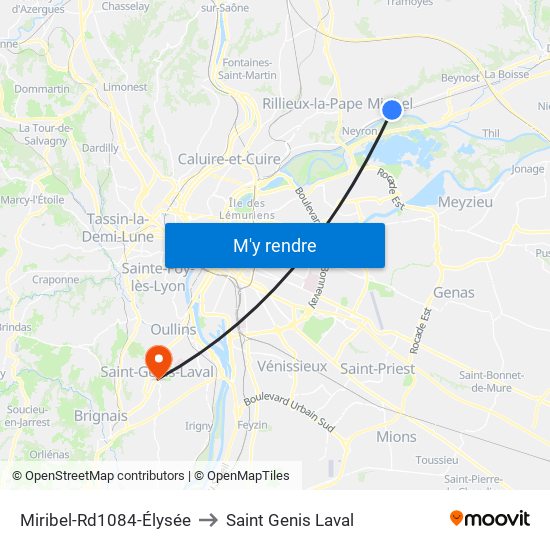 Miribel-Rd1084-Élysée to Saint Genis Laval map