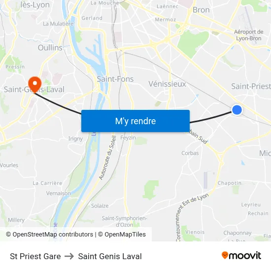 St Priest Gare to Saint Genis Laval map