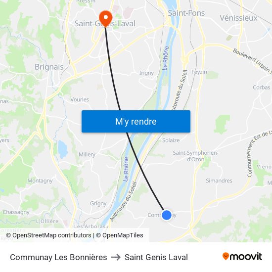 Communay Les Bonnières to Saint Genis Laval map