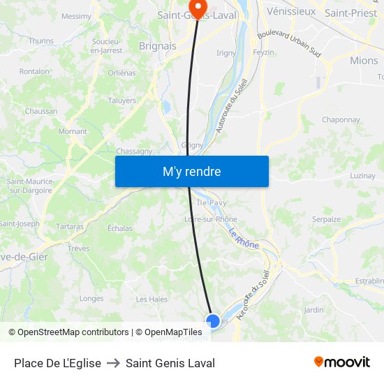 Place De L'Eglise to Saint Genis Laval map