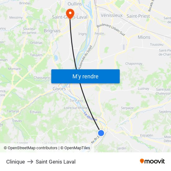 Clinique to Saint Genis Laval map