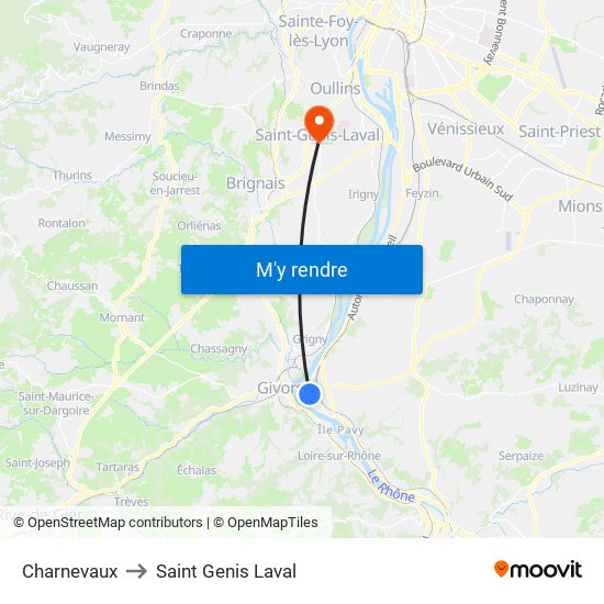 Charnevaux to Saint Genis Laval map