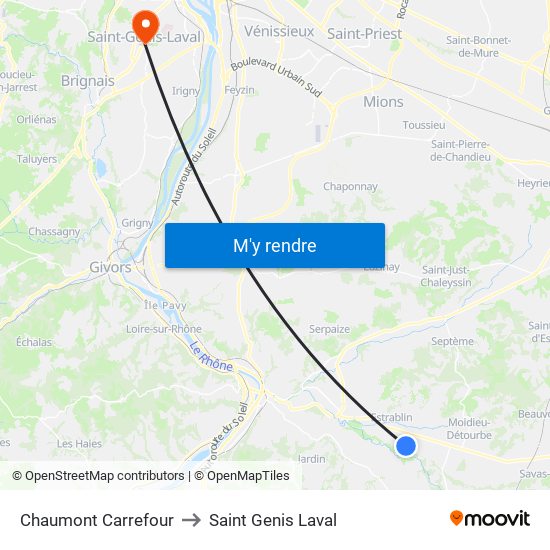 Chaumont Carrefour to Saint Genis Laval map