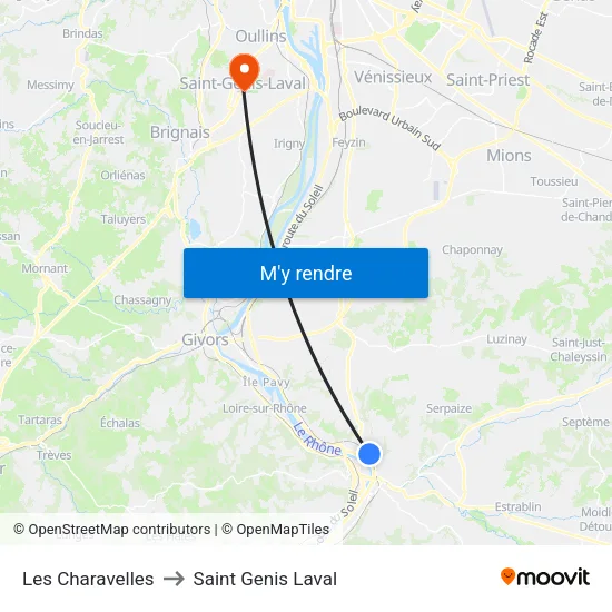 Les Charavelles to Saint Genis Laval map