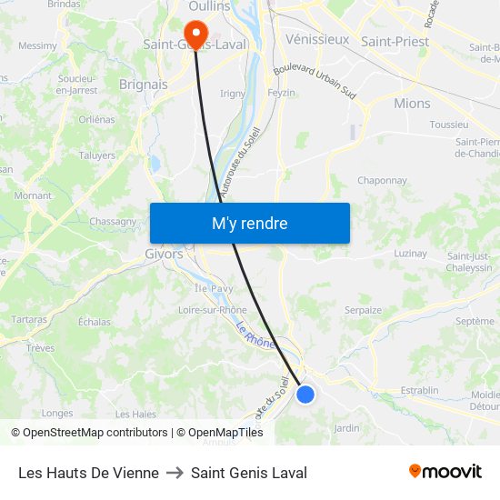 Les Hauts De Vienne to Saint Genis Laval map