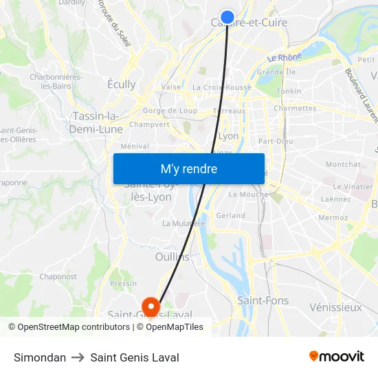 Simondan to Saint Genis Laval map