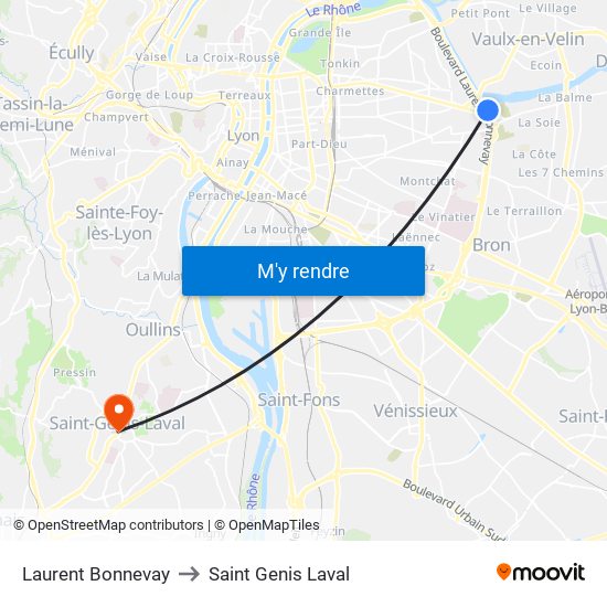 Laurent Bonnevay to Saint Genis Laval map