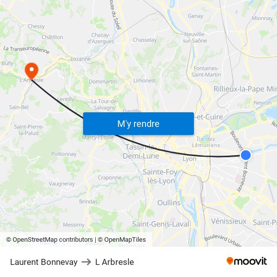 Laurent Bonnevay to L Arbresle map